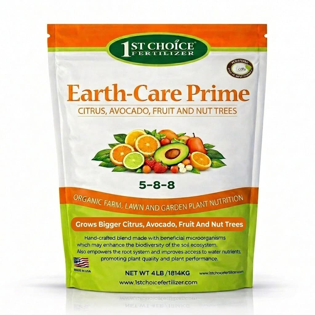 Earth-Care Prime 5-8-8 stand-up pouch for citrus, avocado, fruit and nut trees, CDFA registered organic input material