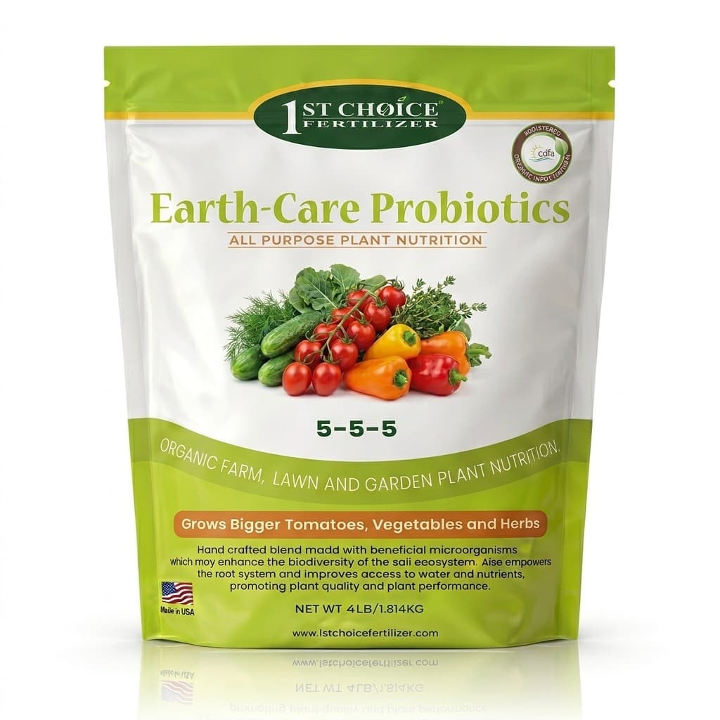 Earth-Care Probiotics 5-5-5 stand-up pouch, all-purpose organic plant nutrition with vegetables and CDFA registered organic seal